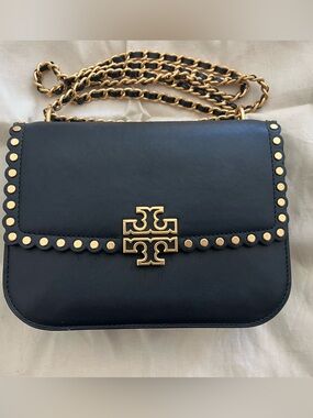 Tory Burch Black Leather Studded Crossbody with Gold Chain
